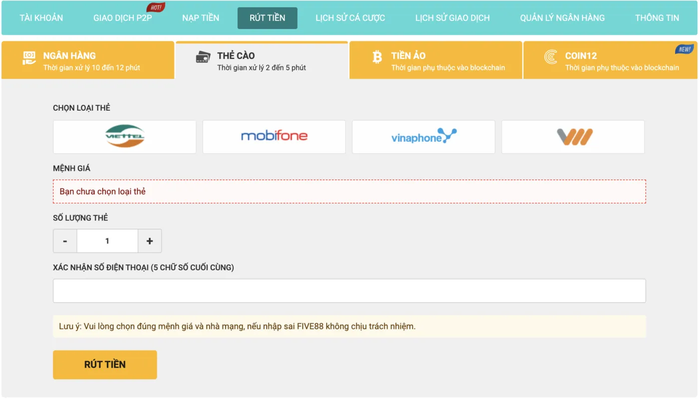 Rút tiền từ tài khoản Five88 về ví tiền ảo nhanh chóng, an toàn